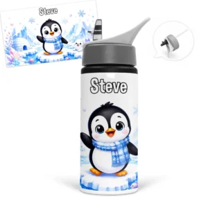 Gourde pingouin personnalisée avec prénom dans un décor polaire avec igloo, glace et petit phoque