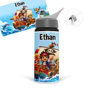 Gourde pirate personnalisée avec le prénom de l'enfant, un bateau pirate, des enfants pirates et un décor marin tropical