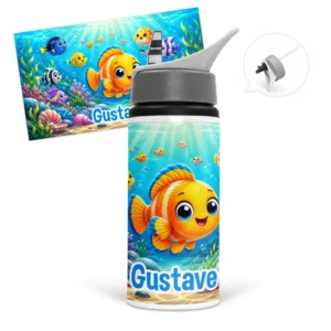 Gourde poisson personnalisée avec prénom dans un décor sous-marin coloré avec poissons, coraux et coquillages