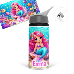 Gourde sirène personnalisée avec prénom au choix, une sirène aux cheveux roses et un décor marin coloré