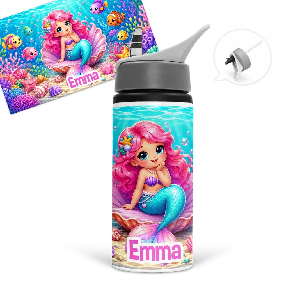 Gourde sirène personnalisée avec prénom au choix, une sirène aux cheveux roses et un décor marin coloré