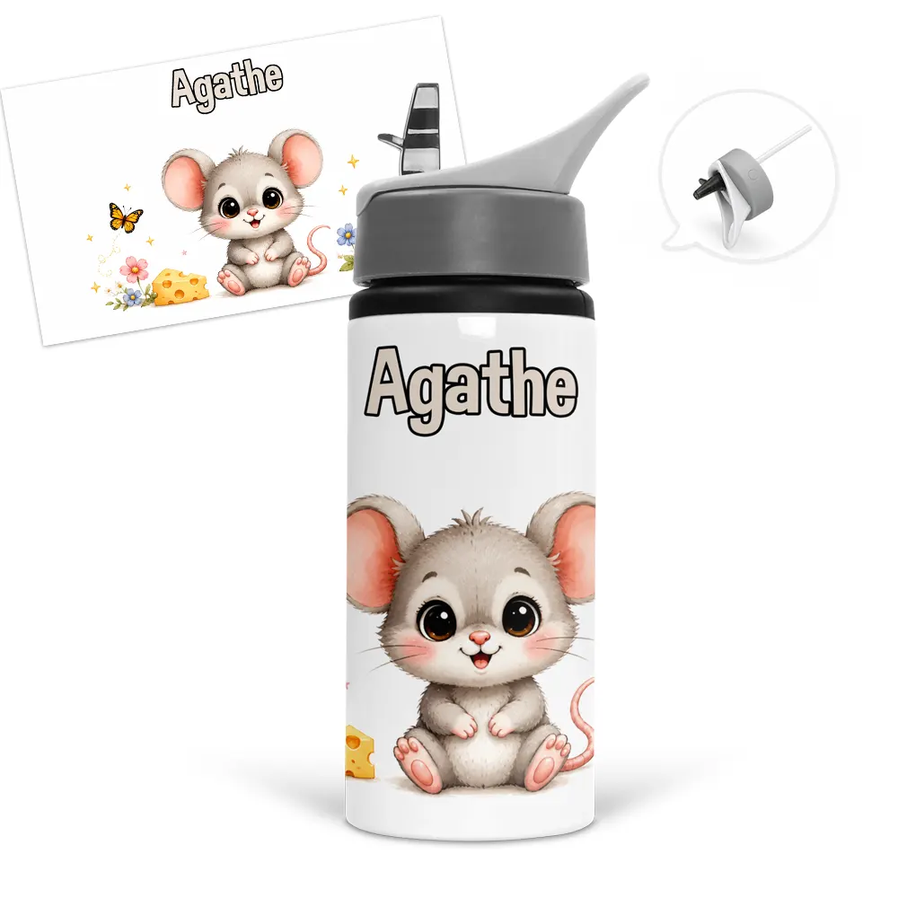 Gourde souris personnalisée avec prénom, illustrée avec une petite souris mignonne, des fleurs, un papillon et un morceau de fromage