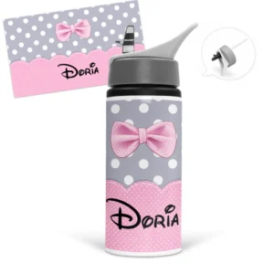 Gourde style Minnie personnalisée avec prénom, décor rose à pois blancs, fond gris à pois et nœud rose