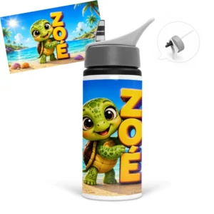 Gourde tortue personnalisée avec prénom, une petite tortue souriante et un décor de plage tropicale