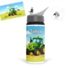 Gourde tracteur personnalisée avec prénom et illustration d’un engin agricole dans un décor de campagne