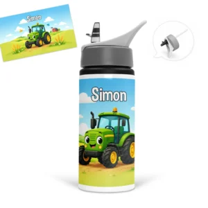 Gourde tracteur personnalisée avec prénom et illustration d’un engin agricole dans un décor de campagne