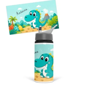 Gourde tyrannosaure personnalisée avec prénom au choix, un dinosaure bleu et un décor préhistorique avec volcan et œufs