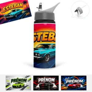 Six modèles de gourde voiture personnalisée avec prénom et voitures de course colorées