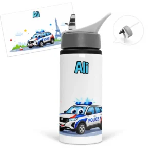 Gourde voiture de police personnalisée avec prénom, illustrée avec une voiture de police souriante et la tour Eiffel en arrière-plan