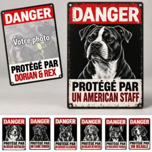 Plaque danger protégé par un chien avec Plusieurs races disponible et une version personnalisable
