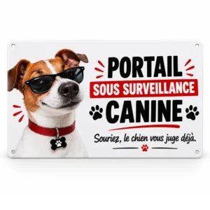 Plaque attention chien méchant humour avec texte "Portail sous surveillance canine"