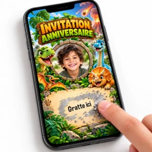 Carte à gratter numérique thème dinosaure pour invitation anniversaire enfant
