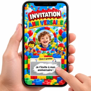 Carte numérique a gratter thème LEGO pour invitation anniversaire personnalisable