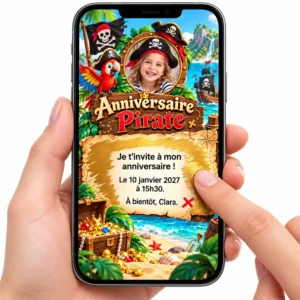 Carte numérique à gratter invitation anniversaire thème pirate