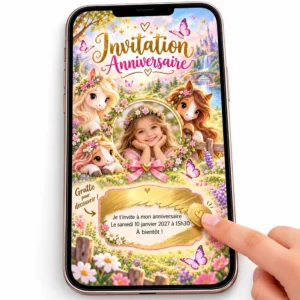 Carte numérique a gratter thème poney pour invitation anniversaire