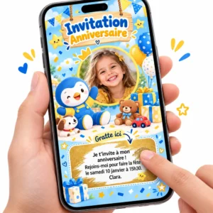 Carte numérique a gratter pour invitation anniversaire sur le thème de Tchoupi