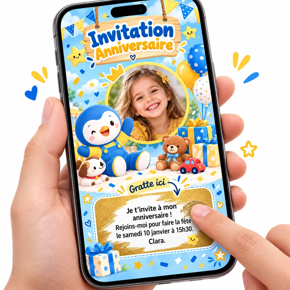 Carte numérique a gratter pour invitation anniversaire sur le thème de Tchoupi
