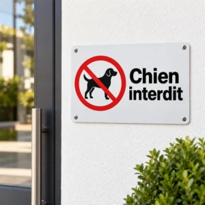 Panneau chien interdit avec silhouette noire de chien barrée en rouge et texte « Chien interdit »