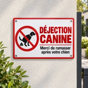 panneau chien qui interdit les déjections canine blanc et rouge.