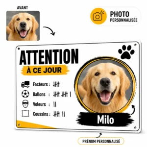 Plaque attention au chien humoristique personnalisée avec photo et prénom du chien