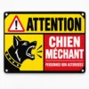 Plaque attention chien méchant jaune et rouge avec tête de chien agressif et mention personnes non autorisées