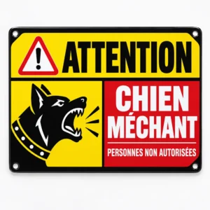 Plaque attention chien méchant jaune et rouge avec tête de chien agressif et mention personnes non autorisées